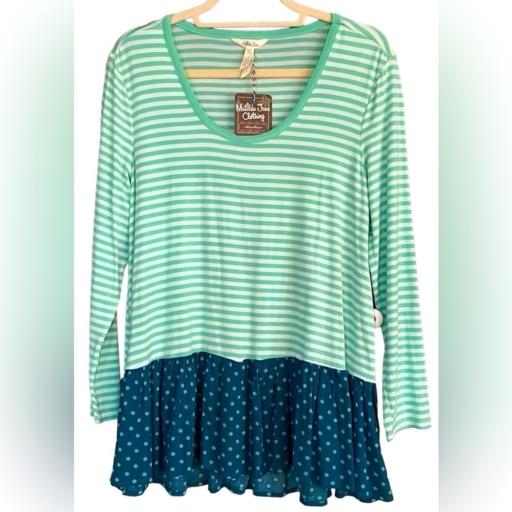 MATILDA JANE Mint/Navy/White Striped & Polka Dot Talk Tomorrow Top,Medium, NWT.
